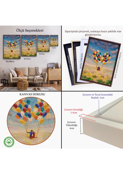 Siyah Çerçeveli Bolanlar ile Uçan Sevgililer Yağlıboya Görünüm Dekoratif Kanvas Duvar Tablosu indirimleri