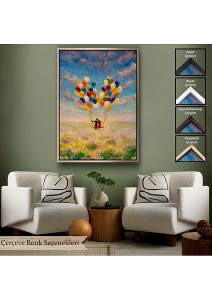 Siyah Çerçeveli Bolanlar ile Uçan Sevgililer Yağlıboya Görünüm Dekoratif Kanvas Duvar Tablosu