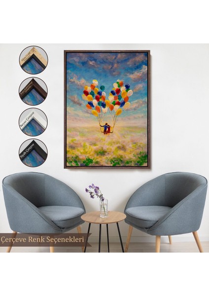 Siyah Çerçeveli Bolanlar ile Uçan Sevgililer Yağlıboya Görünüm Dekoratif Kanvas Duvar Tablosu