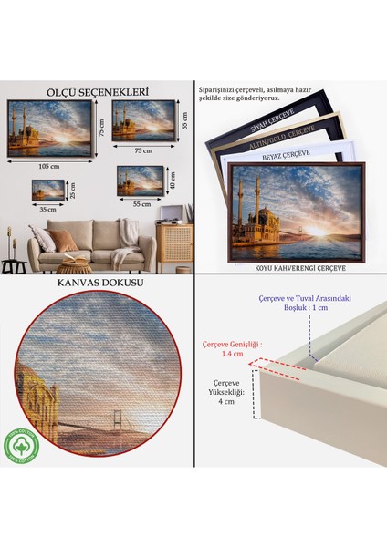 Çerçeveli Ortaköy Camii ve Boğaziçi Köprüsü Manzarası Dekoratif Kanvas TABLO-6504 indirimleri