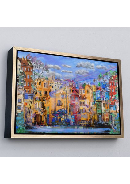 Altın Çerçeveli Eski Avrupa Kasabası Yağlıboya Görünüm Dekoratif Kanvas Tablo