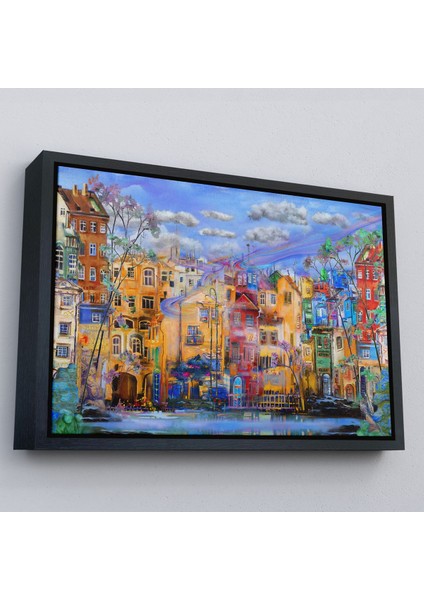 Altın Çerçeveli Eski Avrupa Kasabası Yağlıboya Görünüm Dekoratif Kanvas Tablo fiyatları