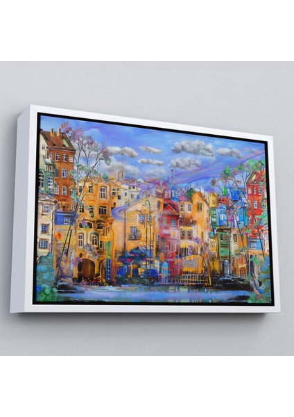 Altın Çerçeveli Eski Avrupa Kasabası Yağlıboya Görünüm Dekoratif Kanvas Tablo modelleri