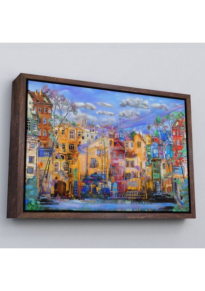 Altın Çerçeveli Eski Avrupa Kasabası Yağlıboya Görünüm Dekoratif Kanvas Tablo fırsatları