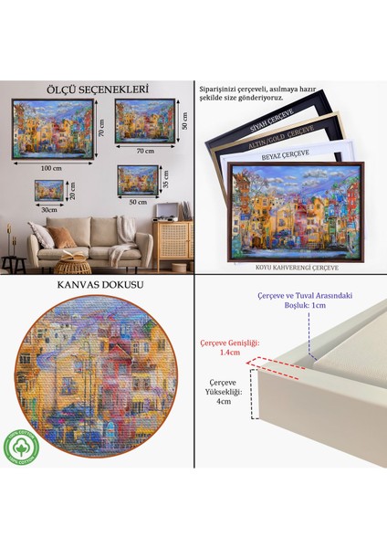 Altın Çerçeveli Eski Avrupa Kasabası Yağlıboya Görünüm Dekoratif Kanvas Tablo indirimleri