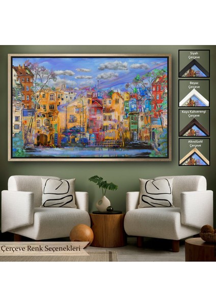 Altın Çerçeveli Eski Avrupa Kasabası Yağlıboya Görünüm Dekoratif Kanvas Tablo