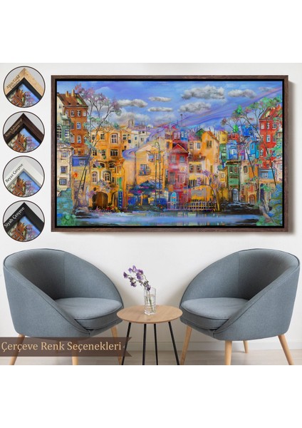 Altın Çerçeveli Eski Avrupa Kasabası Yağlıboya Görünüm Dekoratif Kanvas Tablo