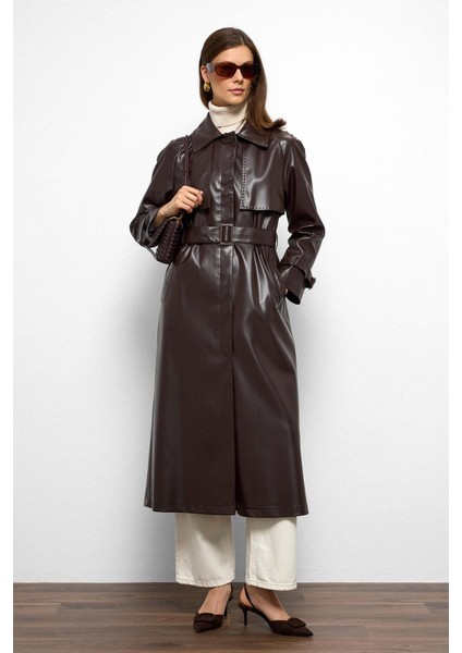 Reglan Kol Pelerin ve Punto Dikiş Detaylı Deri Trençkot K. Kahve 6754