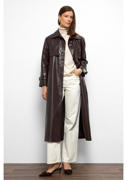 Reglan Kol Pelerin ve Punto Dikiş Detaylı Deri Trençkot K. Kahve 6754 fiyatları