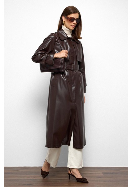 Reglan Kol Pelerin ve Punto Dikiş Detaylı Deri Trençkot K. Kahve 6754 modelleri
