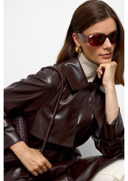 Reglan Kol Pelerin ve Punto Dikiş Detaylı Deri Trençkot K. Kahve 6754 fırsatları