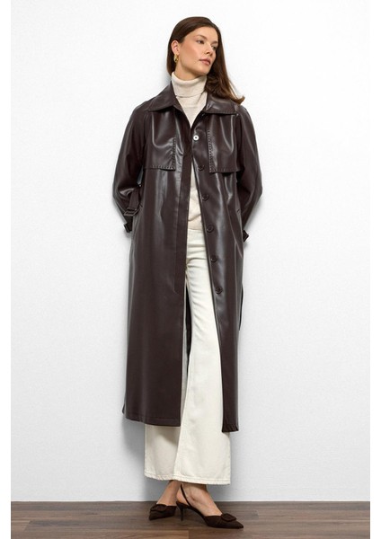 Reglan Kol Pelerin ve Punto Dikiş Detaylı Deri Trençkot K. Kahve 6754 indirimleri