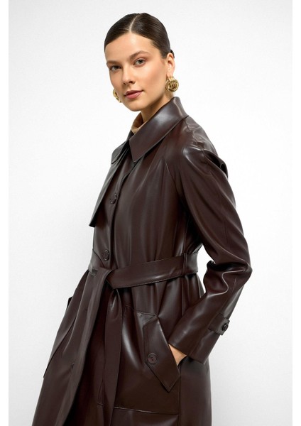 Gömlek Yaka Reglan Kol Pelerin ve Torba Cep Detaylı Deri Trençkot K. Kahve 6760 modelleri