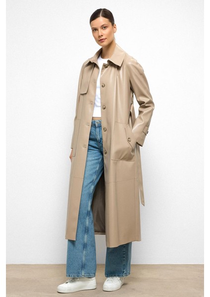 Gömlek Yaka Reglan Kol Pelerin ve Torba Cep Detaylı Deri Trençkot Taş 6760