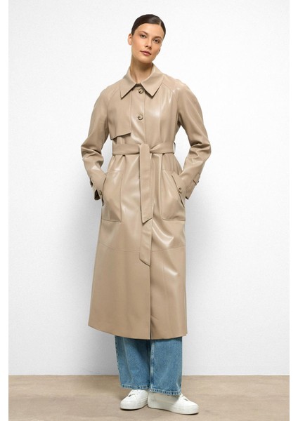 Gömlek Yaka Reglan Kol Pelerin ve Torba Cep Detaylı Deri Trençkot Taş 6760 fiyatları