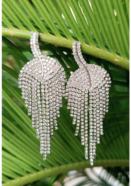 Gümüş Renk Zirkon Taşlı Lüks Abiye Küpe