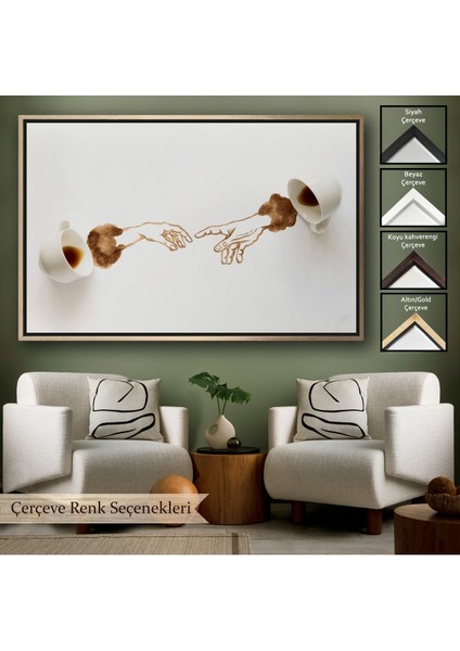 Altın Çerçeveli El Ele Espresso Fincanları Dekoratif Kanvas Duvar Tablosu