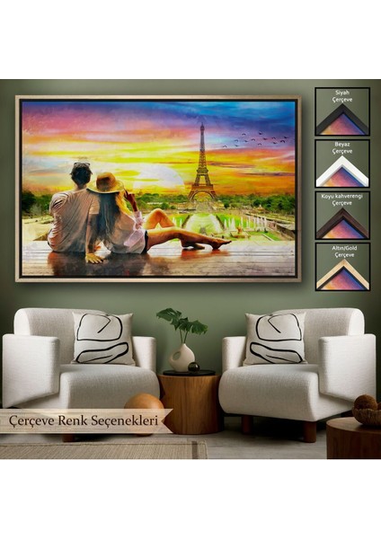 Çerçeveli Paris Eyfel Kulesini Seyreden Romantik Çift Kanvas TABLO-3627