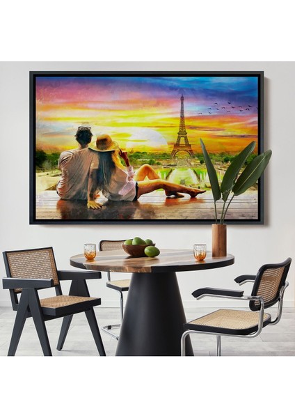 Çerçeveli Paris Eyfel Kulesini Seyreden Romantik Çift Kanvas TABLO-3627