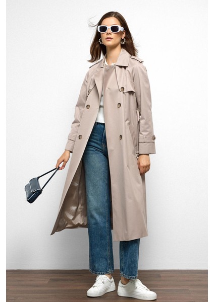 Apolet ve Pelerin Detaylı Reglan Kol Su Itici Özellikli Trençkot Taş 6766