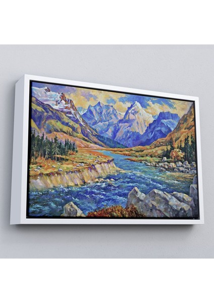 Çerçeveli Kafkas Dağları Manzaralı Yağlıboya Görünüm Dekoratif TABLO-3611