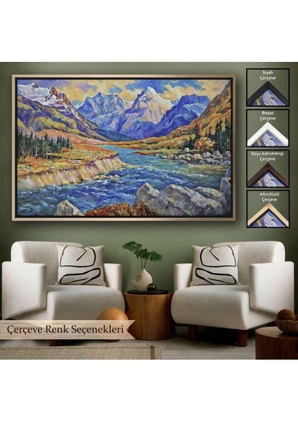 Çerçeveli Kafkas Dağları Manzaralı Yağlıboya Görünüm Dekoratif TABLO-3611