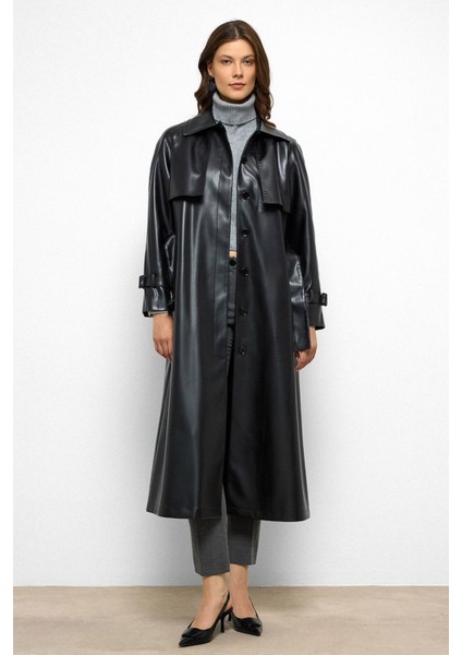 Reglan Kol Pelerin ve Punto Dikiş Detaylı Deri Trençkot Siyah 6754 fiyatları