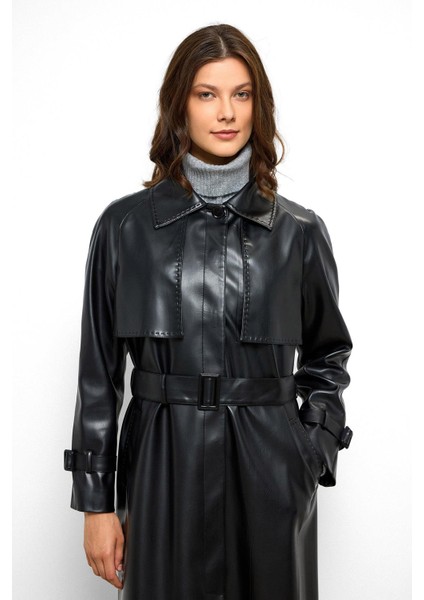 Reglan Kol Pelerin ve Punto Dikiş Detaylı Deri Trençkot Siyah 6754 modelleri