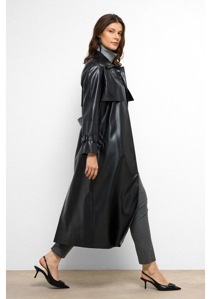 Reglan Kol Pelerin ve Punto Dikiş Detaylı Deri Trençkot Siyah 6754 fırsatları