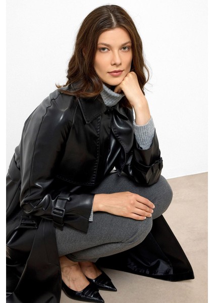 Reglan Kol Pelerin ve Punto Dikiş Detaylı Deri Trençkot Siyah 6754 indirimleri