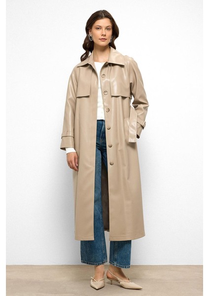 Reglan Kol Pelerin ve Punto Dikiş Detaylı Deri Trençkot Taş 6754 fiyatları