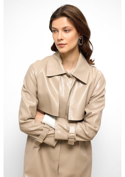 Reglan Kol Pelerin ve Punto Dikiş Detaylı Deri Trençkot Taş 6754 modelleri