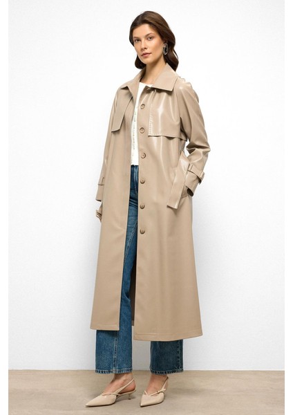 Reglan Kol Pelerin ve Punto Dikiş Detaylı Deri Trençkot Taş 6754 indirimleri