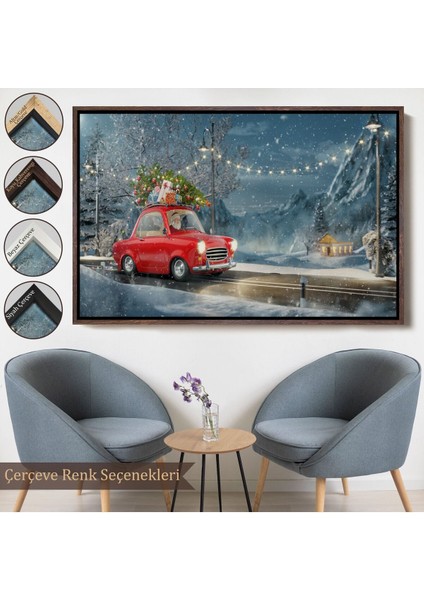 Çerçeveli Noel Baba ve Küçük Kırmızı Retro Arabası Kanvas Duvar TABLOSU-3752