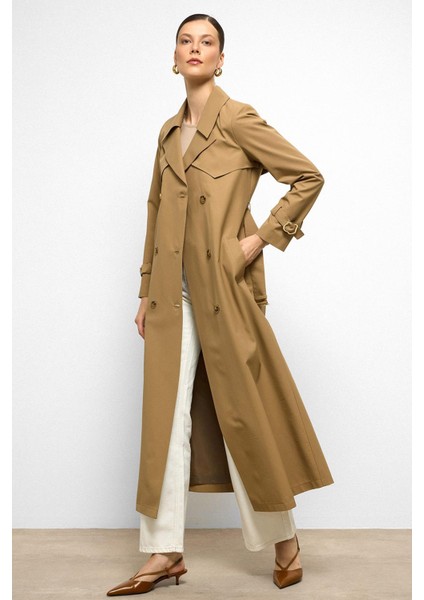 Pelerin Detaylı Su Itici Özellikli Kruvaze Uzun Trençkot Kamel 6761 fiyatları