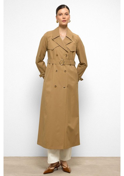 Pelerin Detaylı Su Itici Özellikli Kruvaze Uzun Trençkot Kamel 6761 modelleri