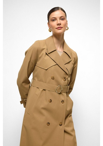 Pelerin Detaylı Su Itici Özellikli Kruvaze Uzun Trençkot Kamel 6761 fırsatları