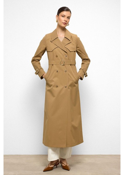 Pelerin Detaylı Su Itici Özellikli Kruvaze Uzun Trençkot Kamel 6761 indirimleri