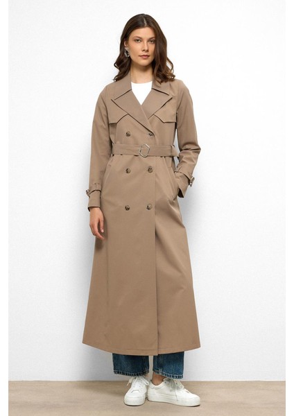 Pelerin Detaylı Su Itici Özellikli Kruvaze Uzun Trençkot S.kahve 6761