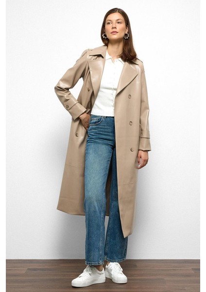 Apolet Detaylı Kruvaze Deri Trençkot Taş 6756