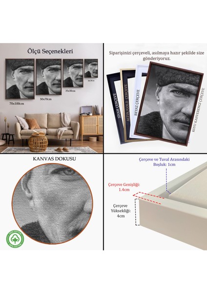 Siyah Çerçeveli Mustafa Kemal Atatürk Siyah Beyaz Tablosu indirimleri