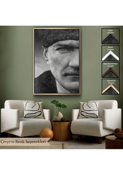 Siyah Çerçeveli Mustafa Kemal Atatürk Siyah Beyaz Tablosu