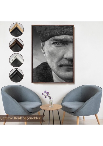 Siyah Çerçeveli Mustafa Kemal Atatürk Siyah Beyaz Tablosu