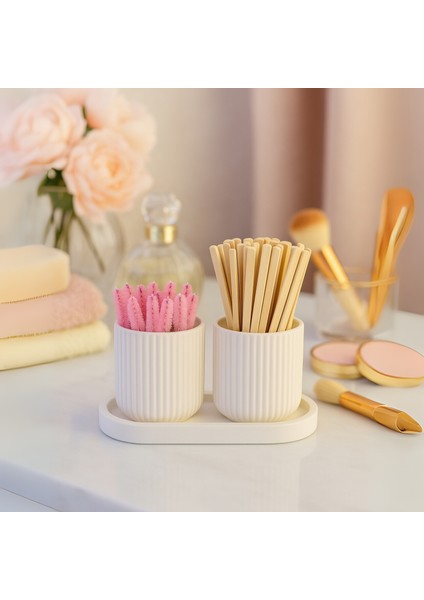 4 Parça El Yapımı Banyo & Makyaj Seti – Dekoratif Tepsili Organizer – Modern Minimalist Seramik Kutular