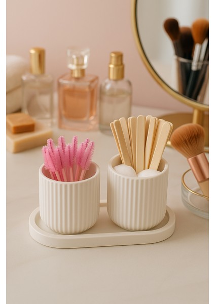 4 Parça El Yapımı Banyo & Makyaj Seti – Dekoratif Tepsili Organizer – Modern Minimalist Seramik Kutular indirimleri