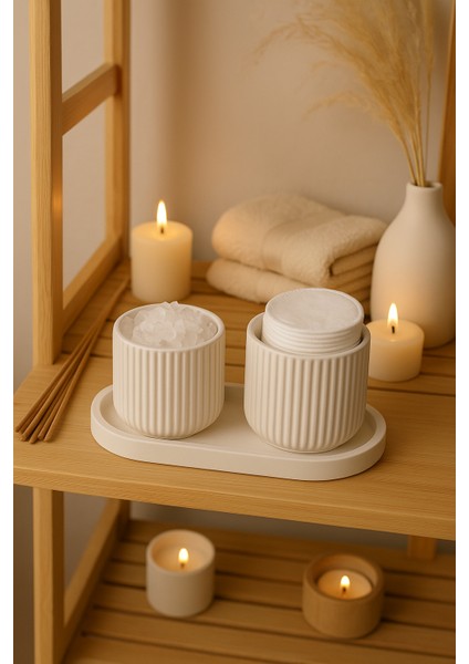 4 Parça El Yapımı Banyo & Makyaj Seti – Dekoratif Tepsili Organizer – Modern Minimalist Seramik Kutular