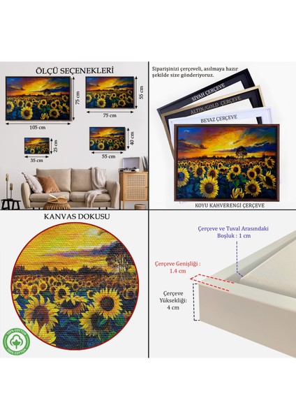 Çerçeveli Ayçiçeği Tarlası Yağlıboya Görünüm Dekoratif Kanvas Duvar TABLOSU-3751 indirimleri