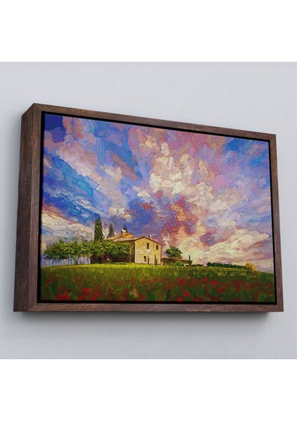 Çerçeveli Toskana Italyadaki Kırmızı Gelincik Tarlası Yağlıboya Görünüm Kanvas TABLOSU-3697