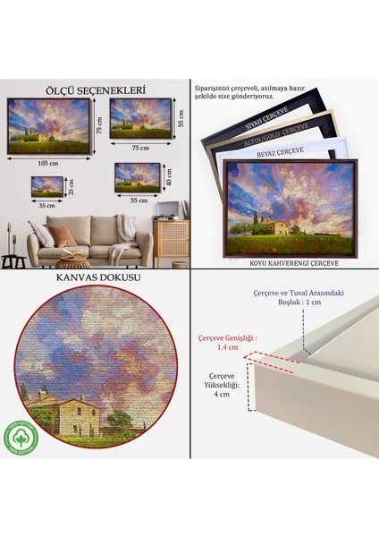 Çerçeveli Toskana Italyadaki Kırmızı Gelincik Tarlası Yağlıboya Görünüm Kanvas TABLOSU-3697 indirimleri