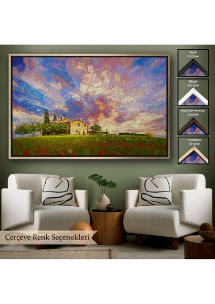 Çerçeveli Toskana Italyadaki Kırmızı Gelincik Tarlası Yağlıboya Görünüm Kanvas TABLOSU-3697